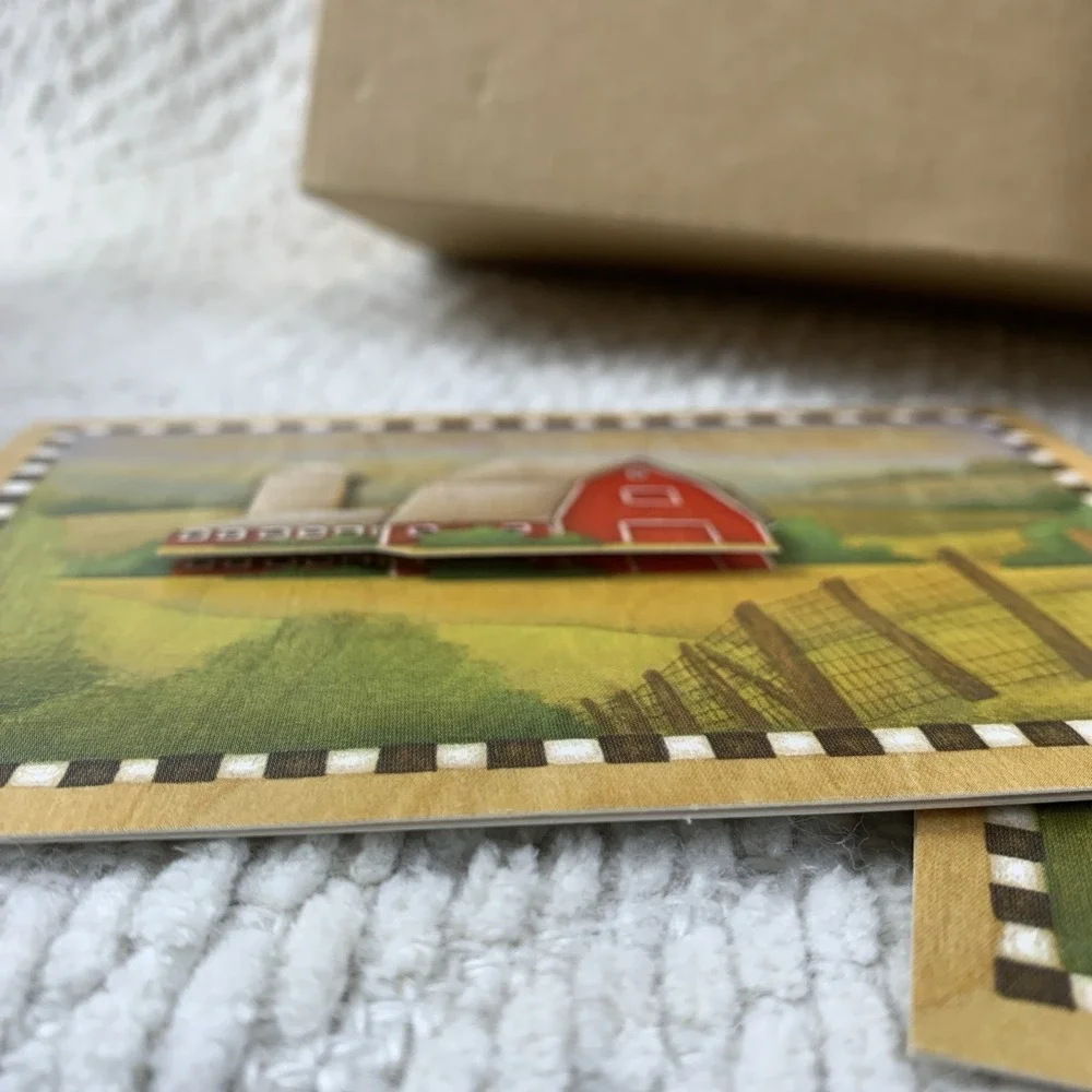 VTG 2003‎ BETH LOGAN Wooden Box With 3D Notecards Farm Cow Barn Rooster Daisies